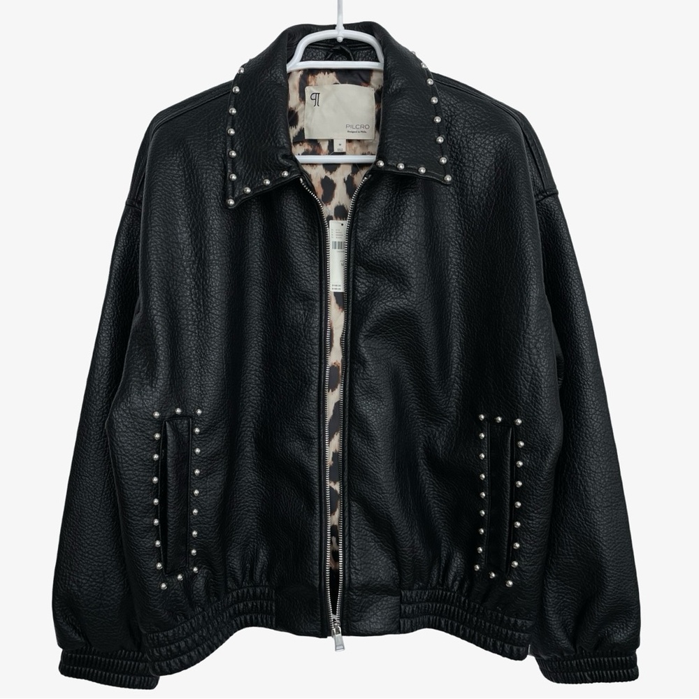 Anthropologie Pilcro Rylie Studded Faux-Leather Bomber Jacket Black Medium NWT - Picture 9 of 16